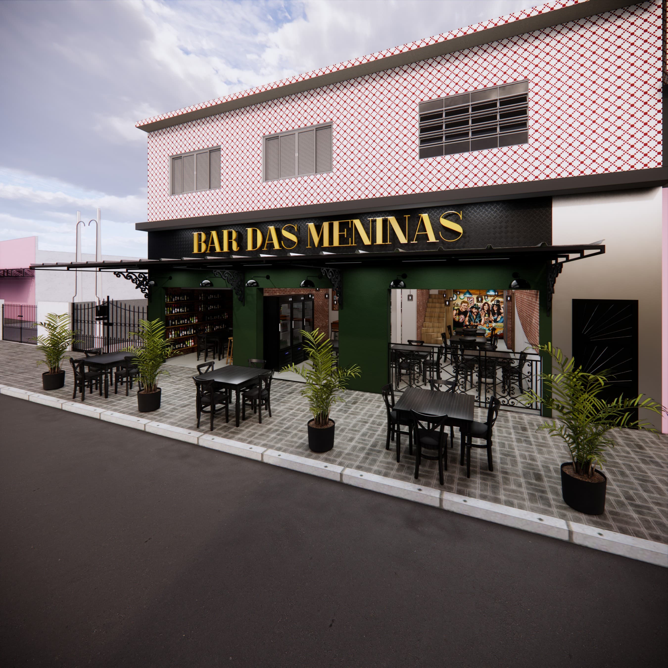 Fachada do Bar das Meninas com pórtico moderno, iluminação cenográfica e deck de entrada
