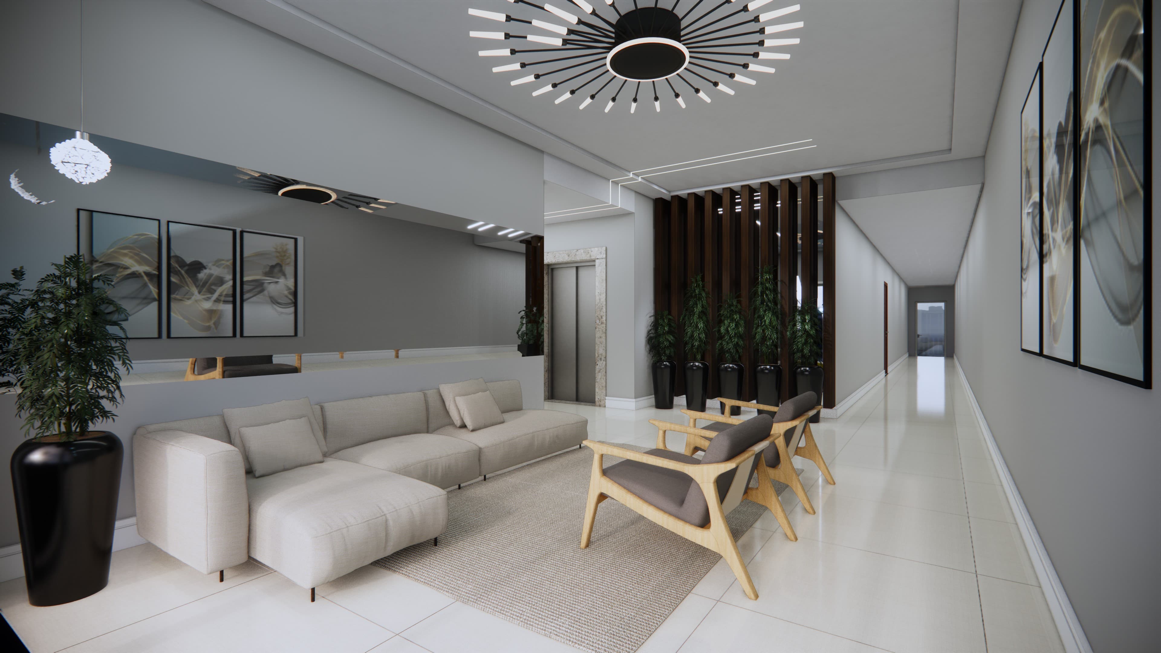 Hall de entrada imponente com pé-direito duplo, painéis de madeira e iluminação elegante